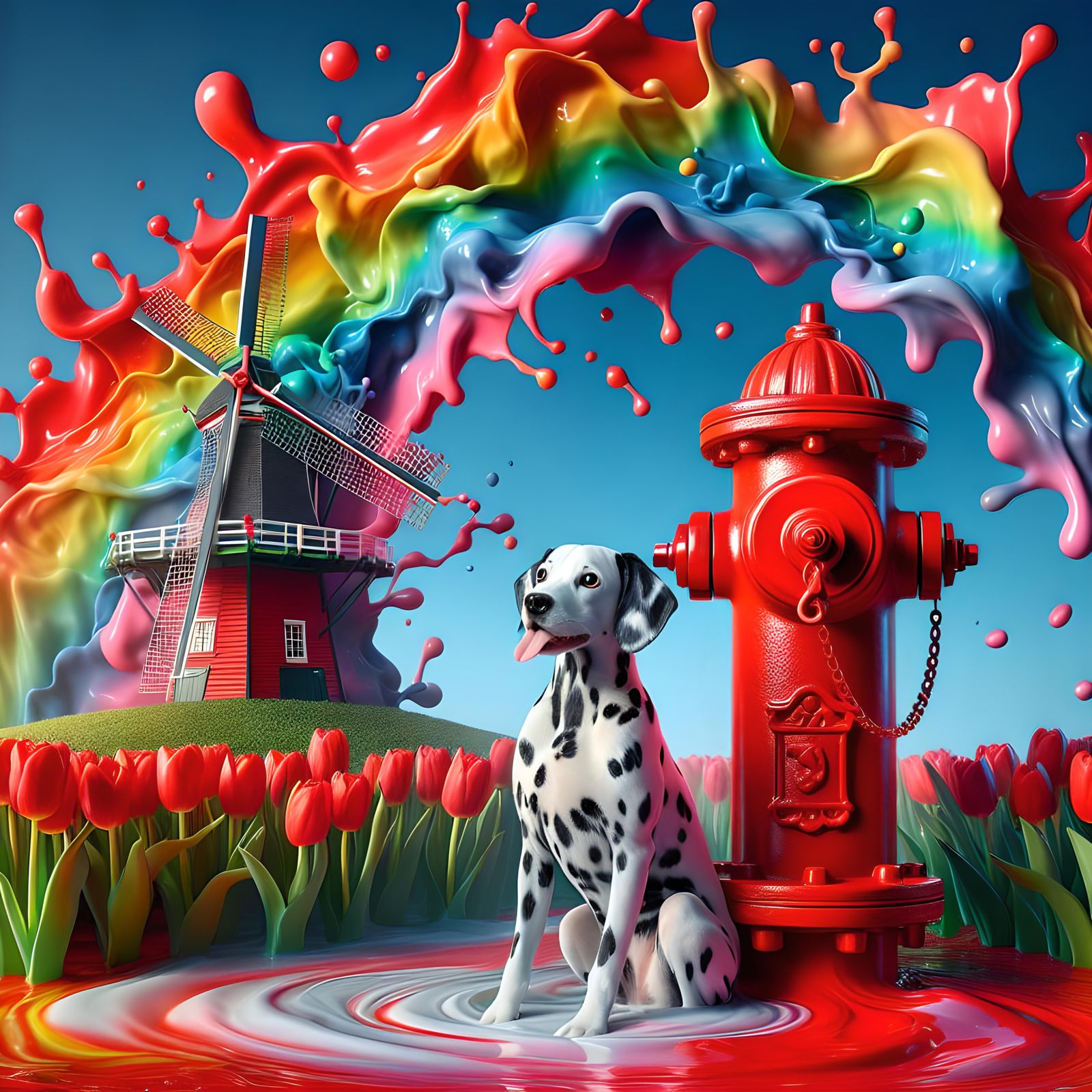 Dalmation in Liquid Portrait with Windmill and Rainbow
