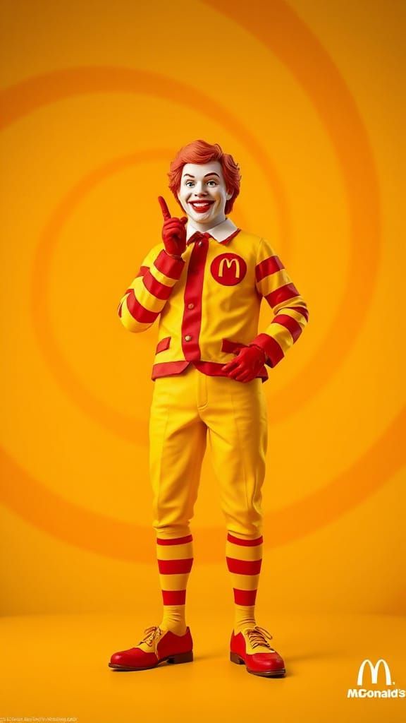 Ronald McDonald in his iconic yellow outfit & vibrant red & ...