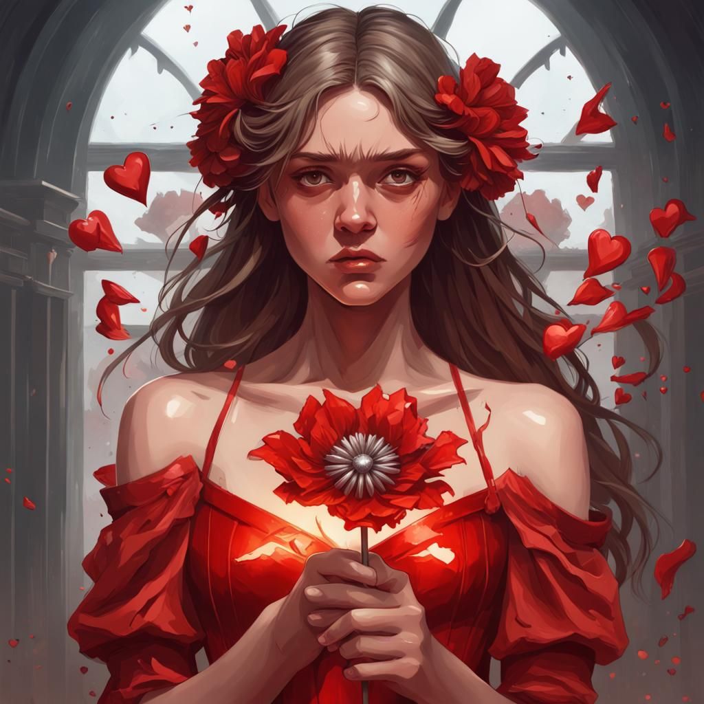 Sad Girl with Metal Flower: Art Nouveau Portrait