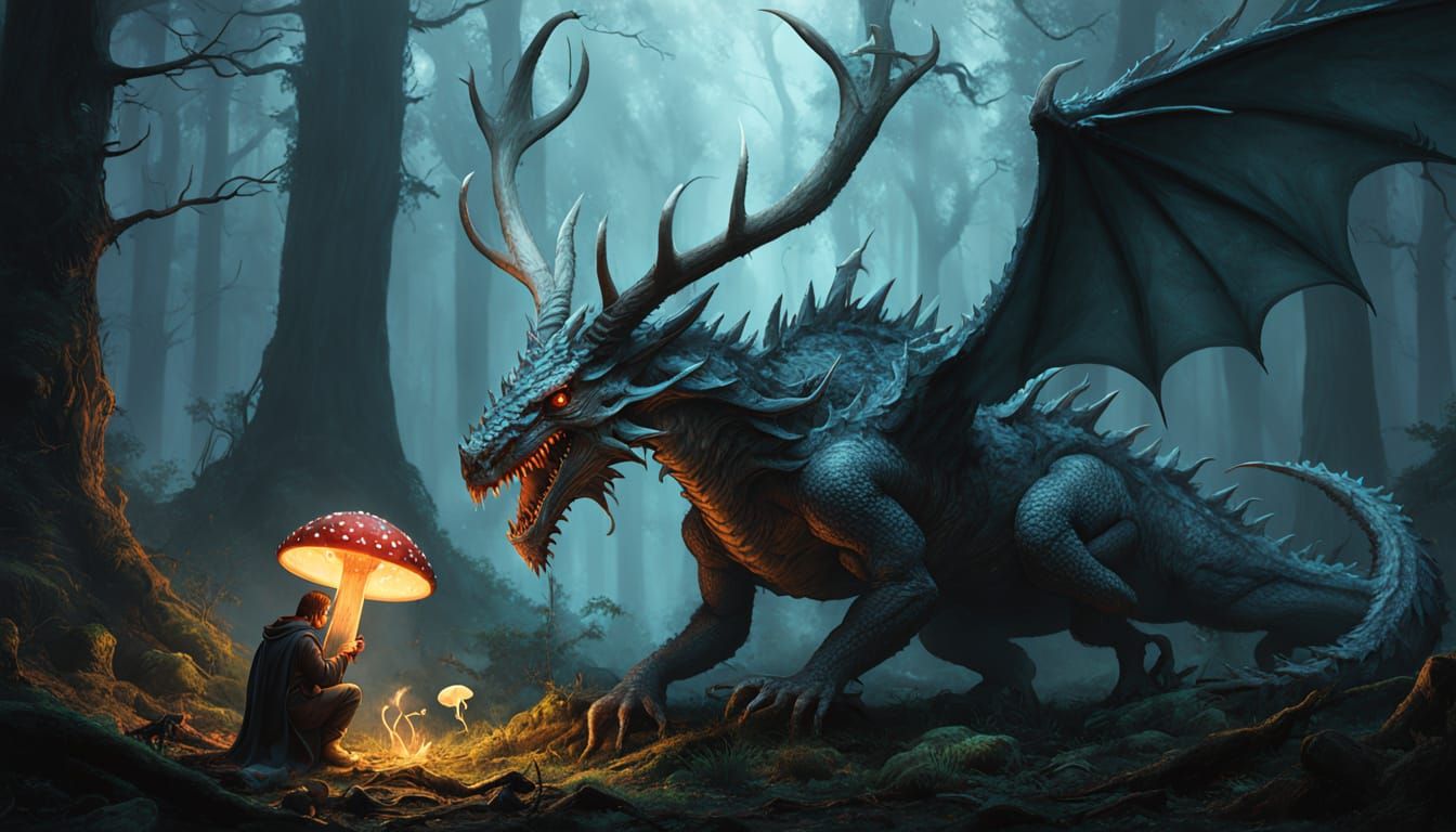 Antlered Dragon Tending Bioluminescent Mushroom