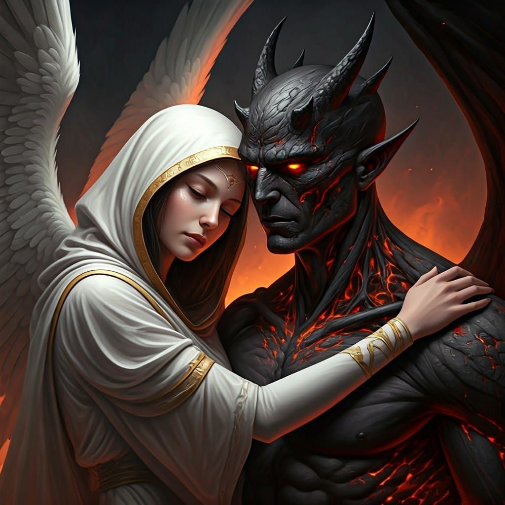 Angel and Demon Embrace in Digital Matte Painting