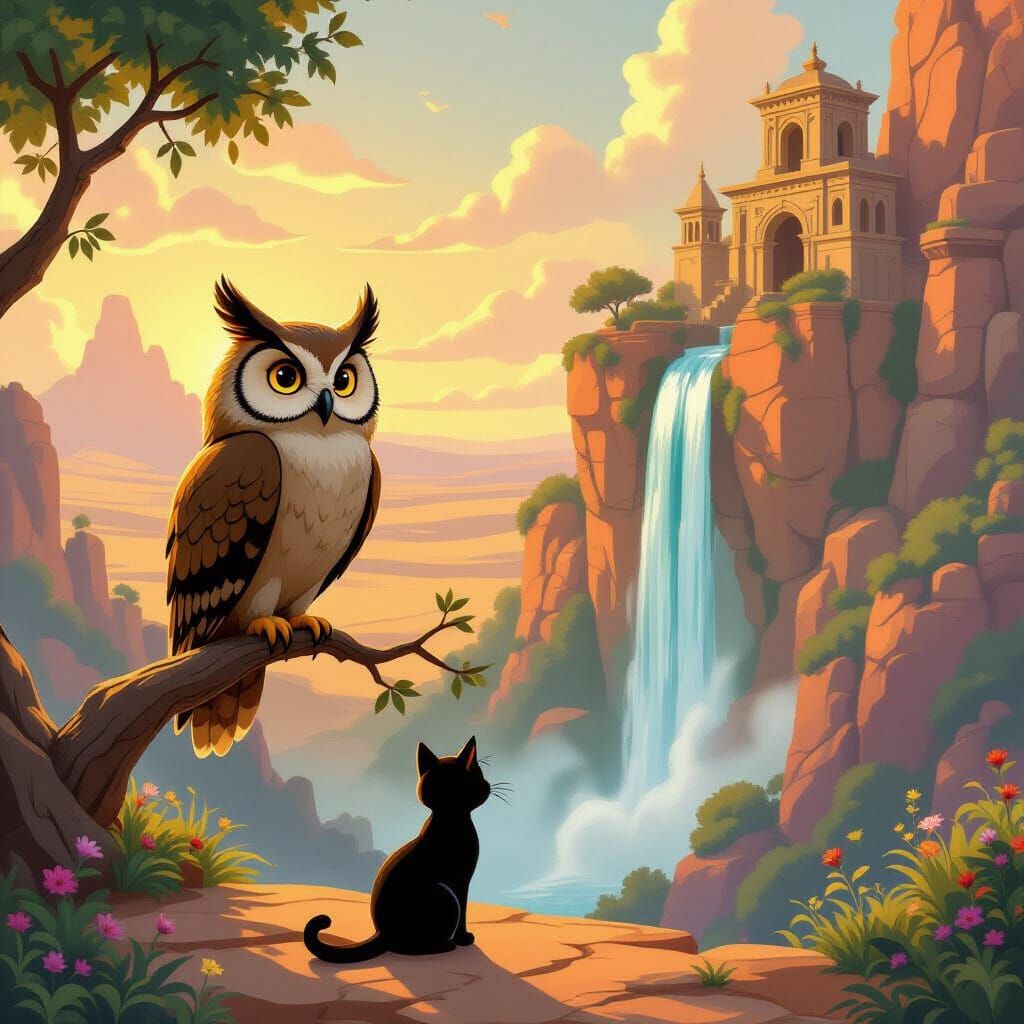 Magical Owl and Cat in Desert Oasis Animation