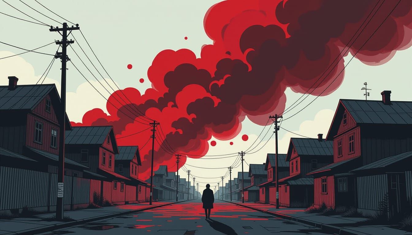 Ink Splatter on Soviet Houses in Visual Novel Style