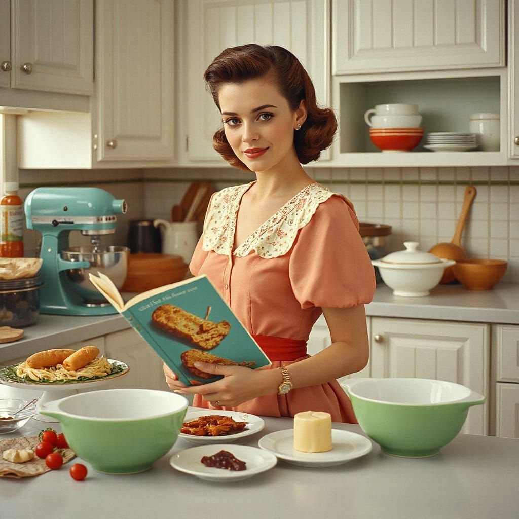 Vintage Homemaker in 1950s Kitchen, Planning Morning Meal