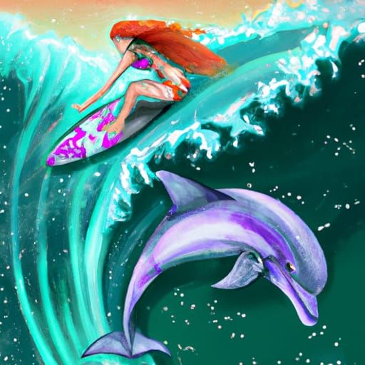 Mermaid and Surfer Girl Ride Ocean Wave