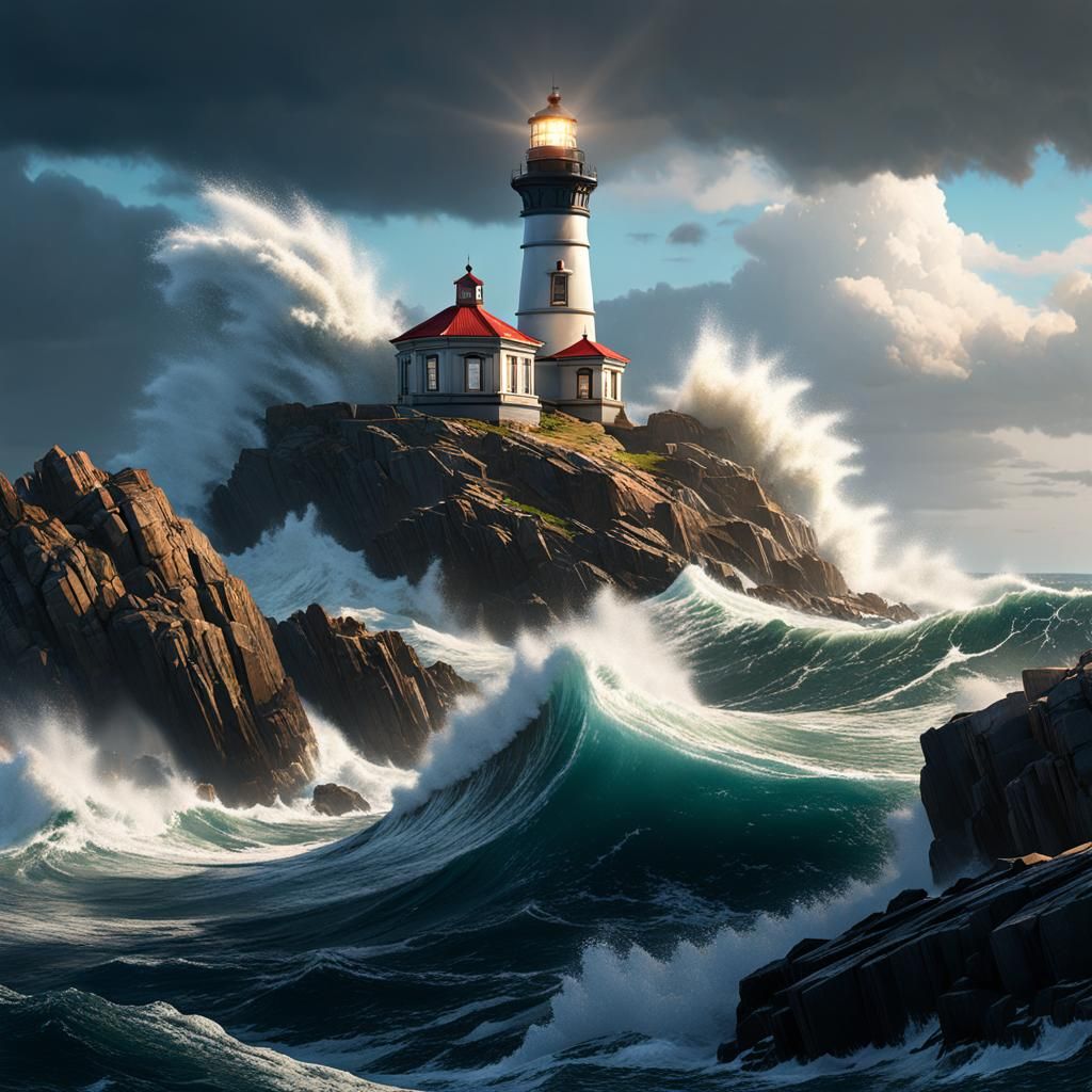 Dramatic Lighthouse on Stormy Coast, Art Nouveau Style
