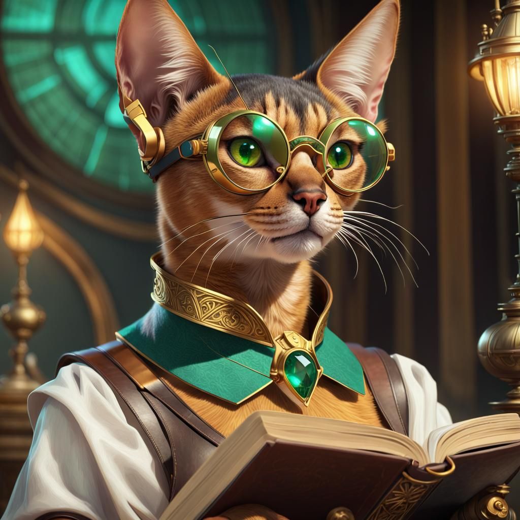 Abyssinian Cat Reads Magic Tome: Detailed Portrait