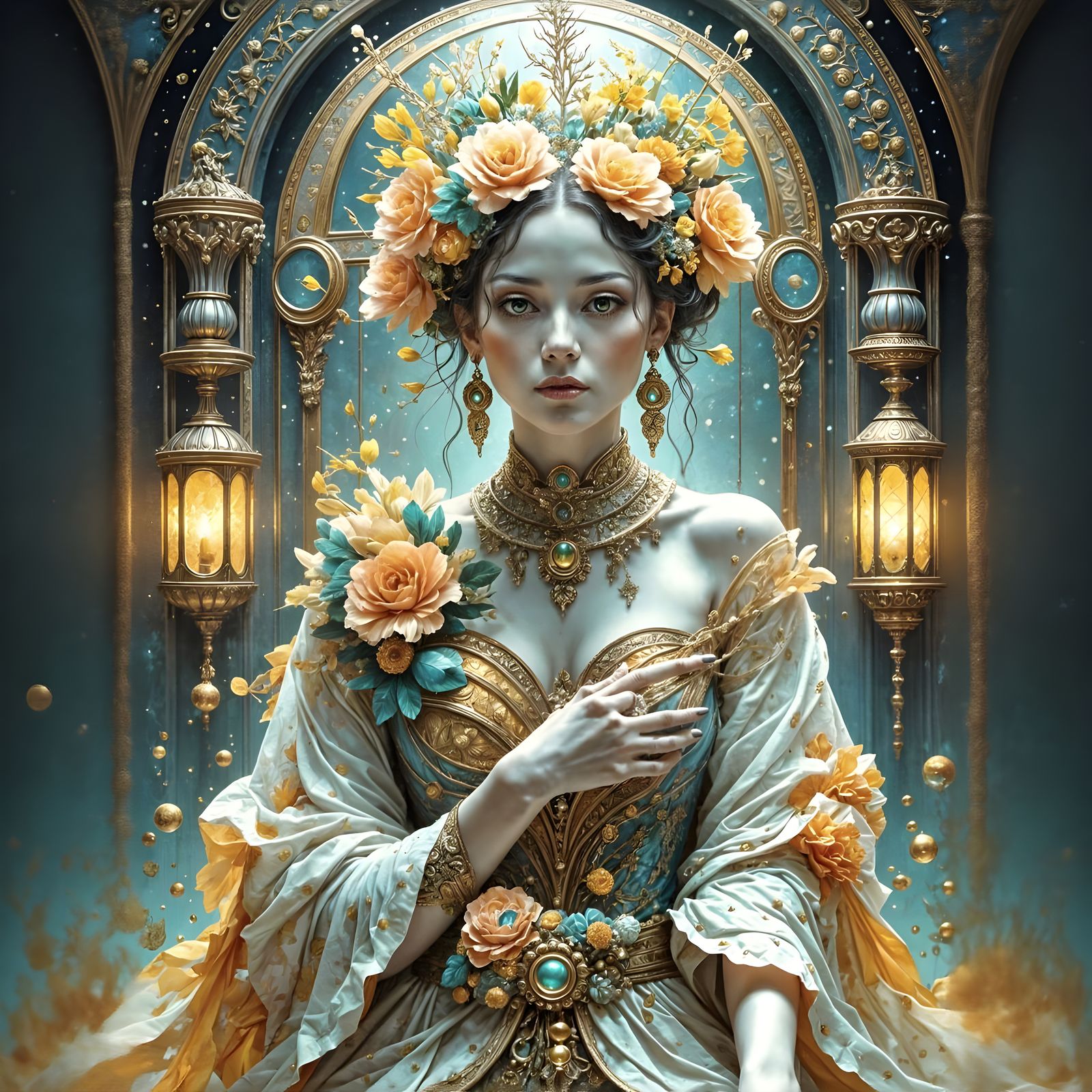 Opulent Elf Queen on Floral Throne in Ethereal Library