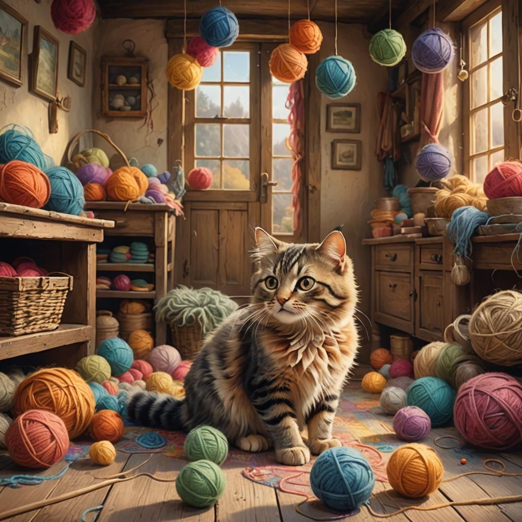 Charming Cat Plays with Wool: Whimsical Illustration
