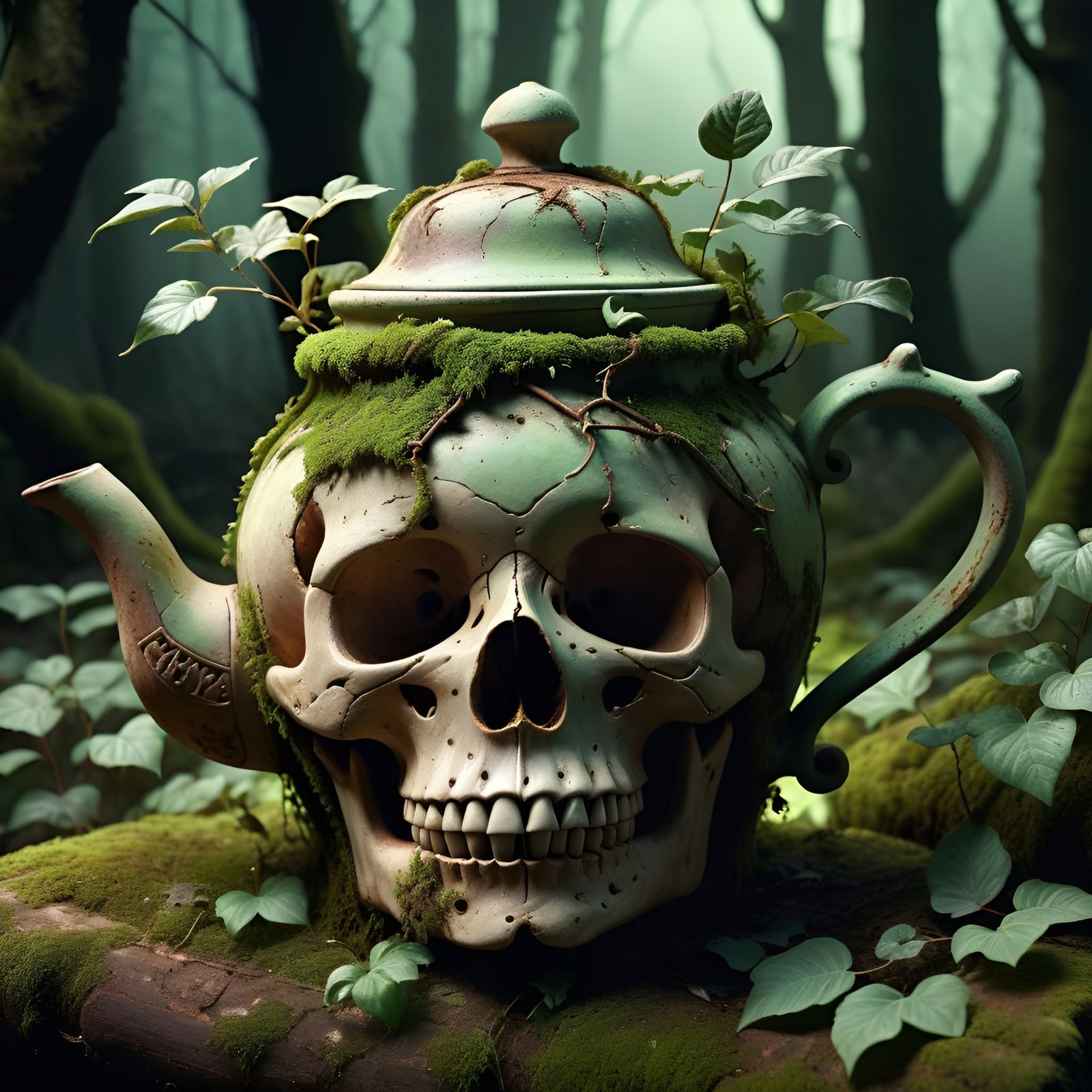Eccentric Clay Skull Teapot in Overgrown Forest