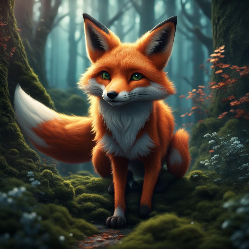 Cute Fox in Mystic Forest: Fantasy Concept Art