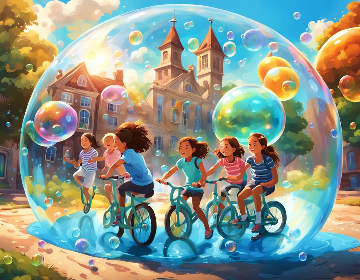 Girls Learning to Ride in Bubbles, Digital Art