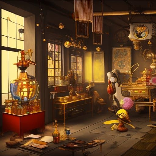 Honeypunk Honey Machine in Alchemist Shop, Matte Painting