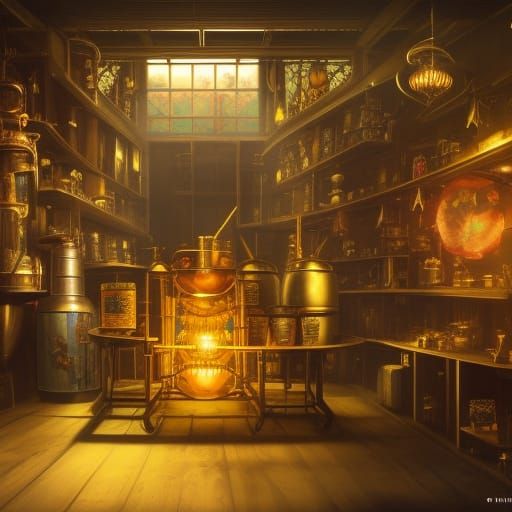 Honeypunk Honey Machine in Alchemist Shop, Matte Painting