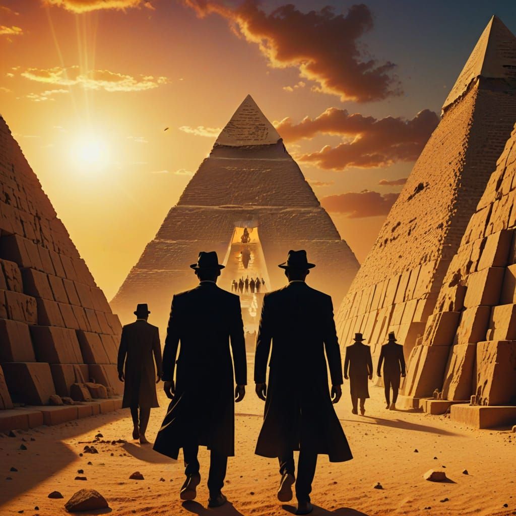 Men in Black at Giza Necropolis: Surreal Digital Art