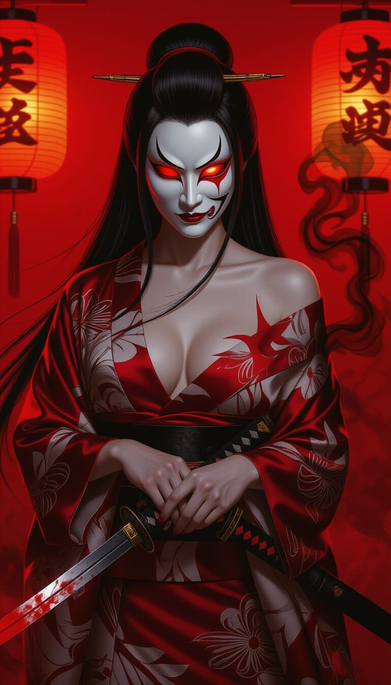Mysterious Japanese Woman With Hannya Mask