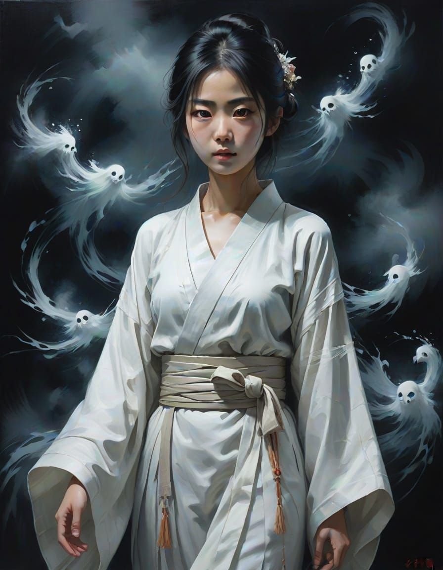 Ethereal Ghost in Traditional Japanese Oil Painting