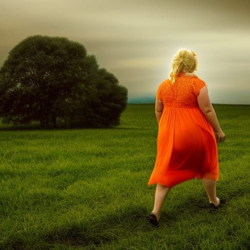 Cheerful Blonde in Orange Lace Walks a Field