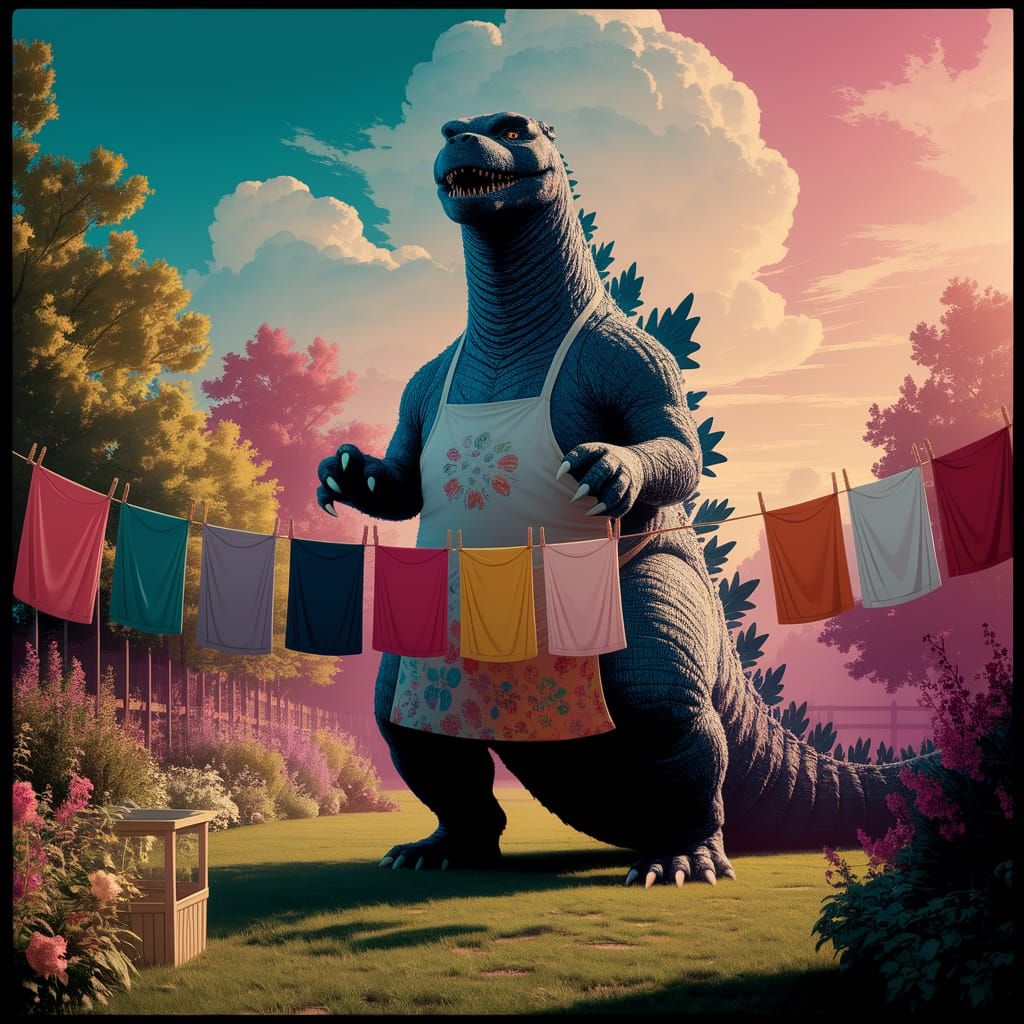 Mother Godzilla Does Laundry: A Cinematic Film Still