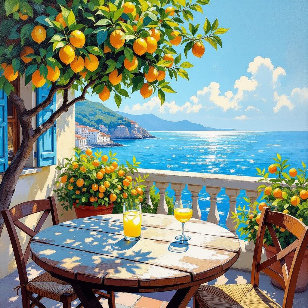 Italian Seaside Terrace in Contemporary Oil Painting Style