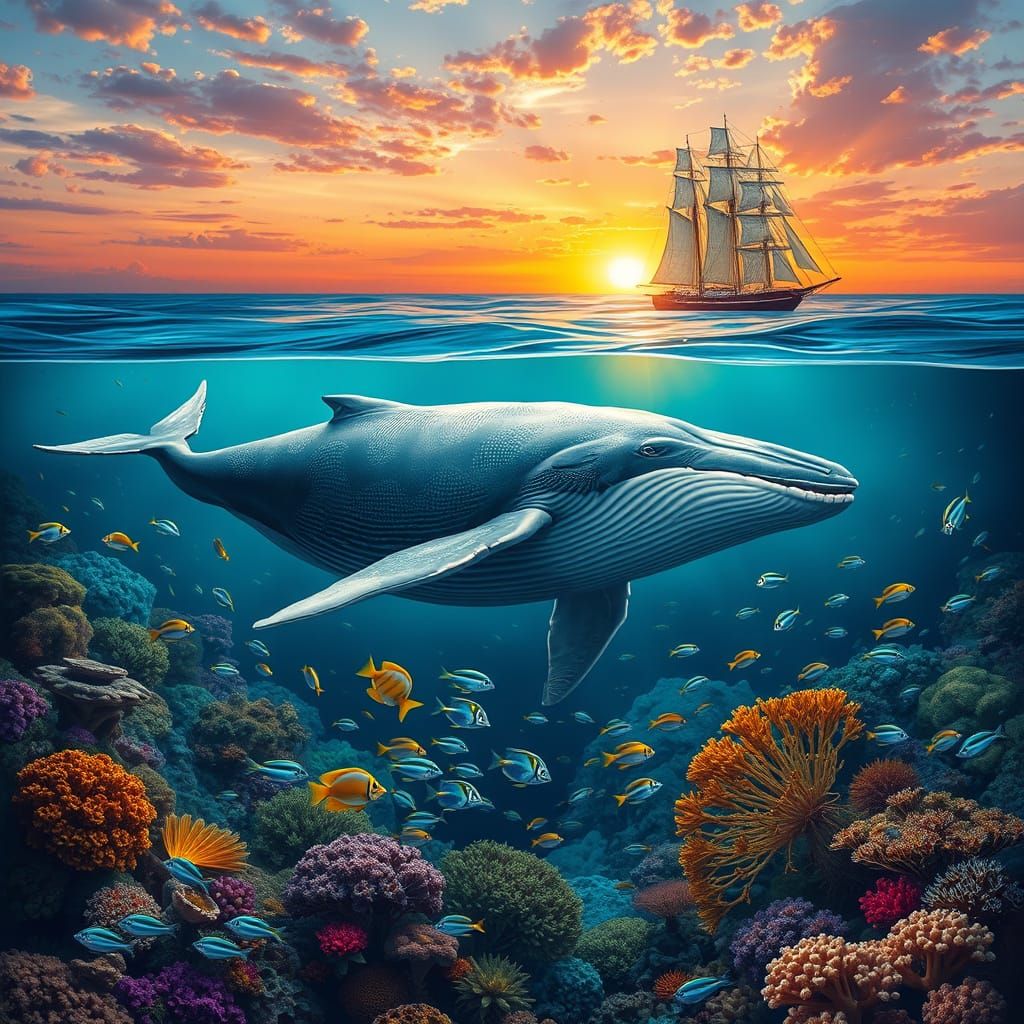 Majestic Humpback Whale in Vibrant Coral Reef Scene