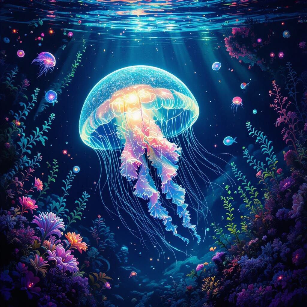 Bioluminescent Jellyfish in Alien Ocean Wonderland