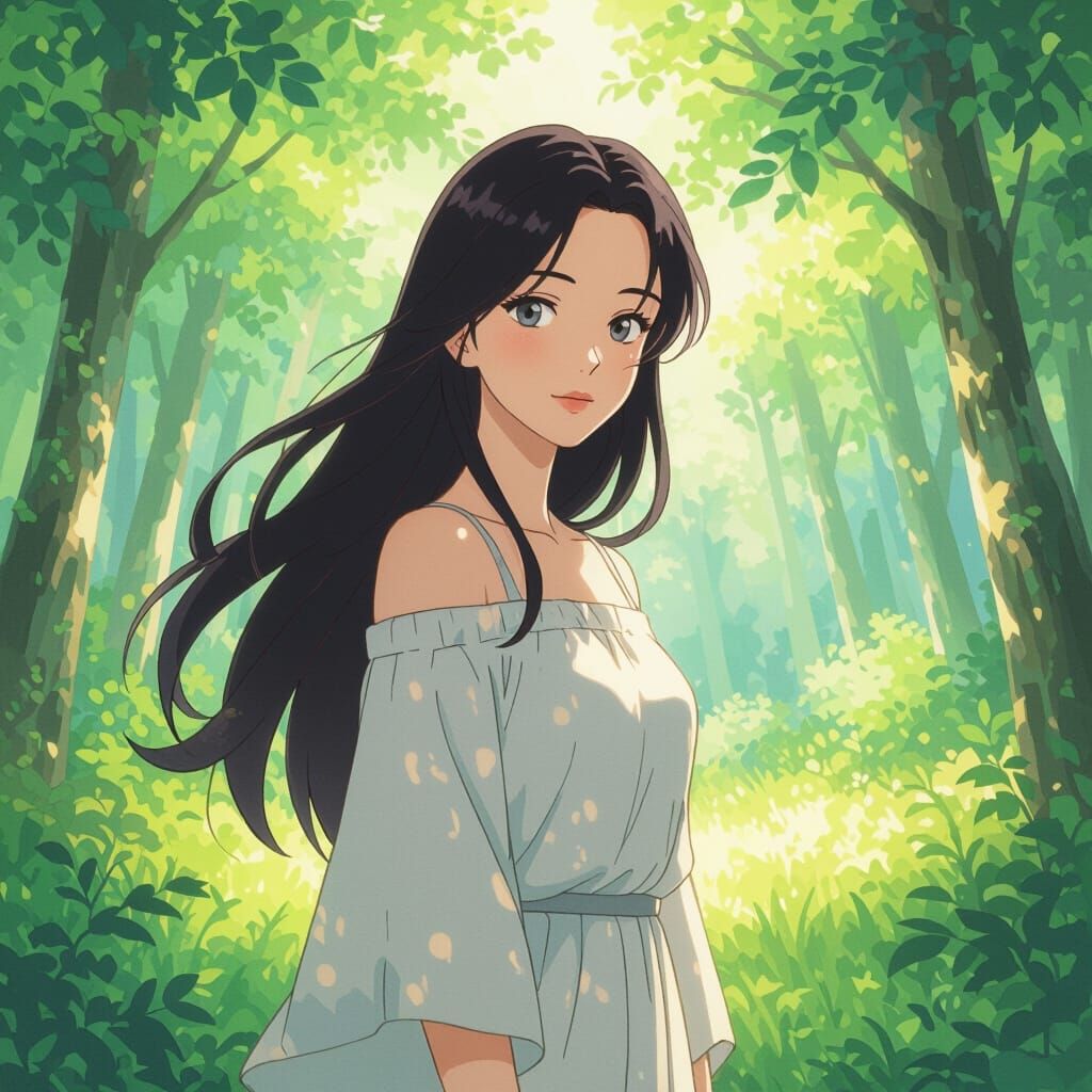 Anime Woman in Sunlit Forest Clearing