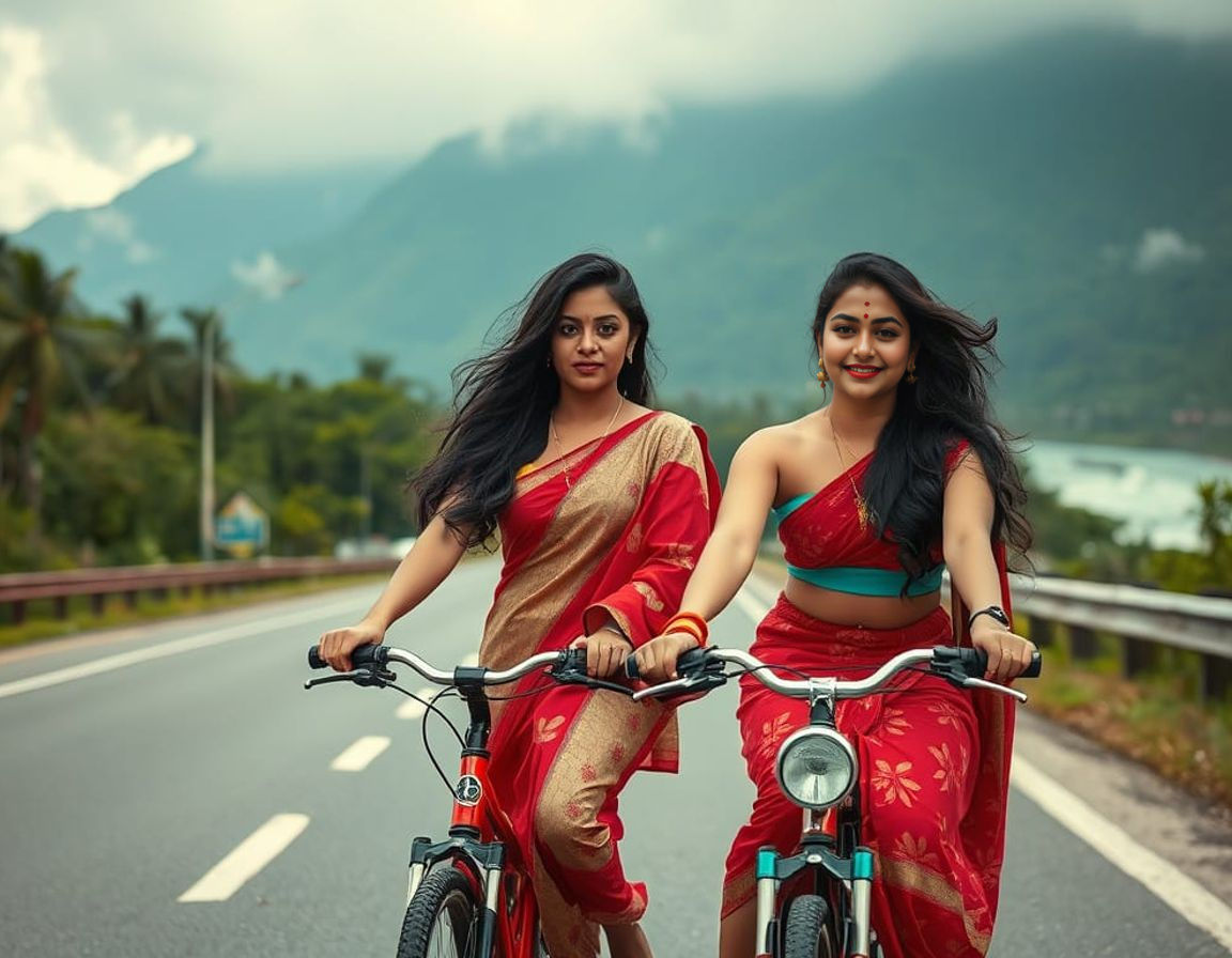Ethereal Bollywood-Inspired Scene with Two Women Cycling Thr...