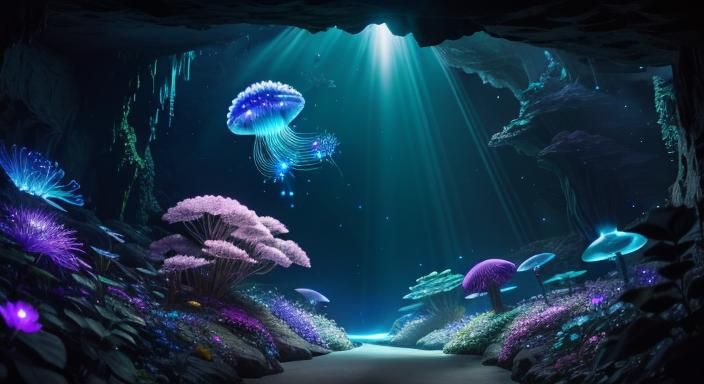 Mystical Caverns with Alien Flowers in Prism Light
