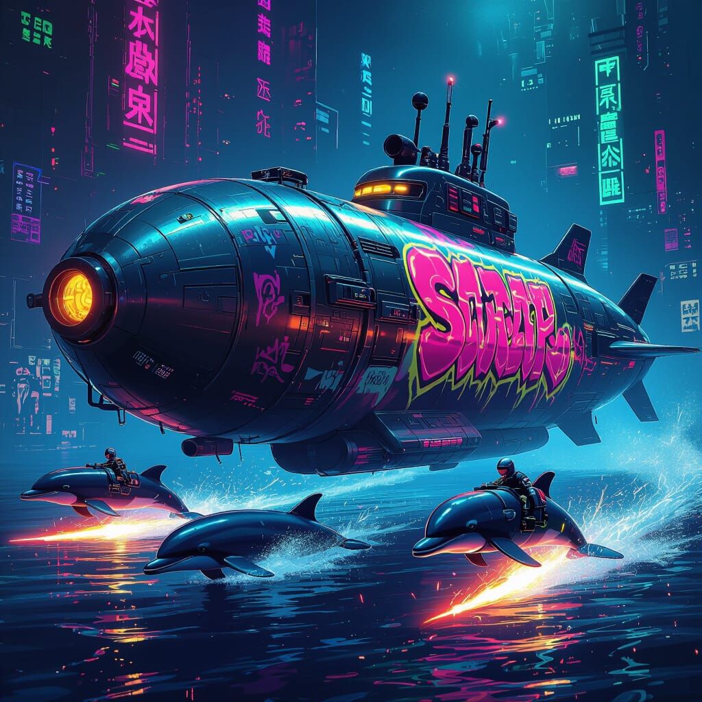 Cyberpunk Soda Can Submarine with Robotic Dolphins