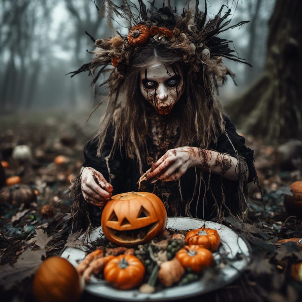 Creepy Witch Feeds Rotten Jack-O'-Lantern Creatures