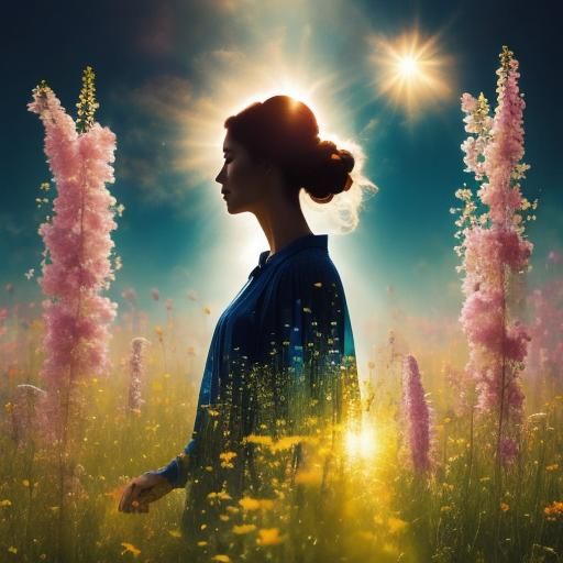 Silhouette Art: Girl with Flowers and Sun