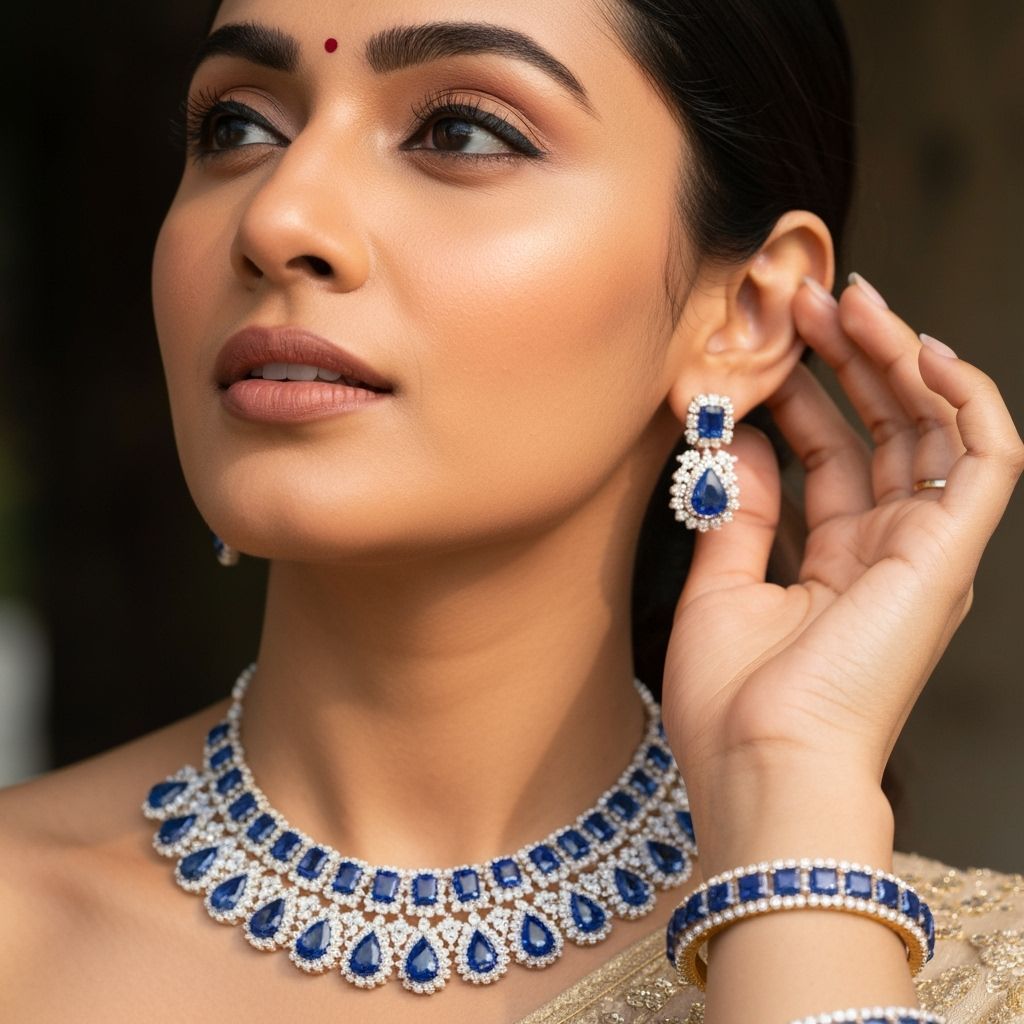 Elegant Indian Woman Adorned in Sapphire Jewelry