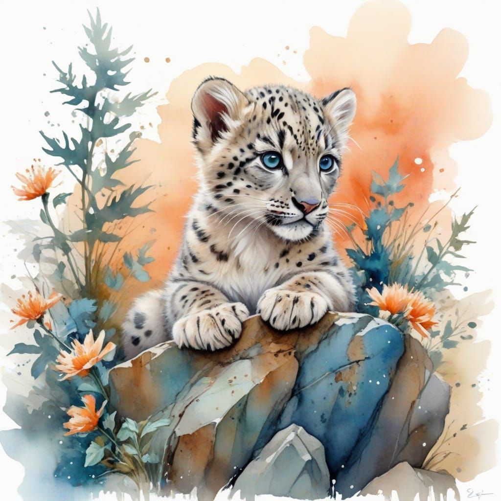 Adorable Snow Leopard Cub on Rocky Ledge