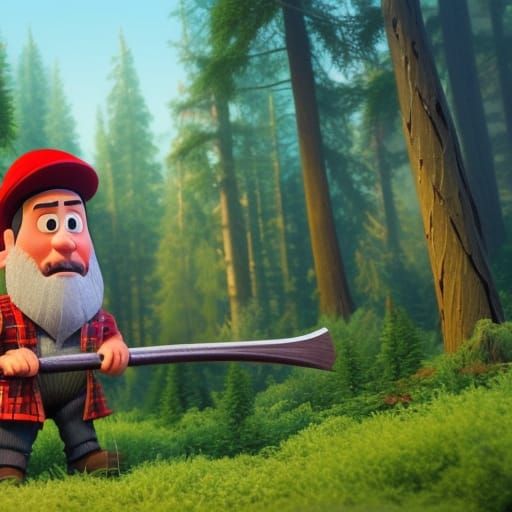 Lumberjack Chopping Tree: 3D Digital Art in Pixar Style