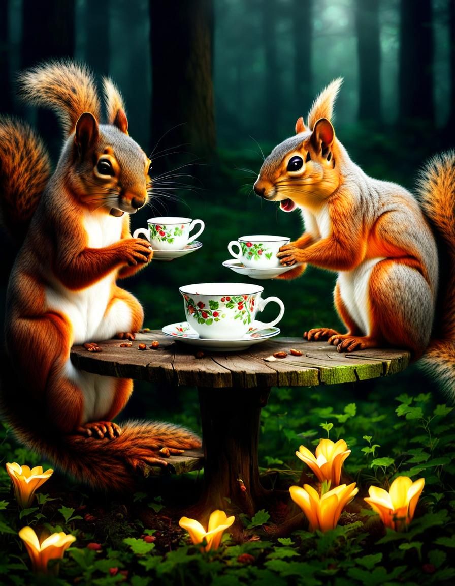 Squirrels Enjoying Tea in Spiritual Gloom