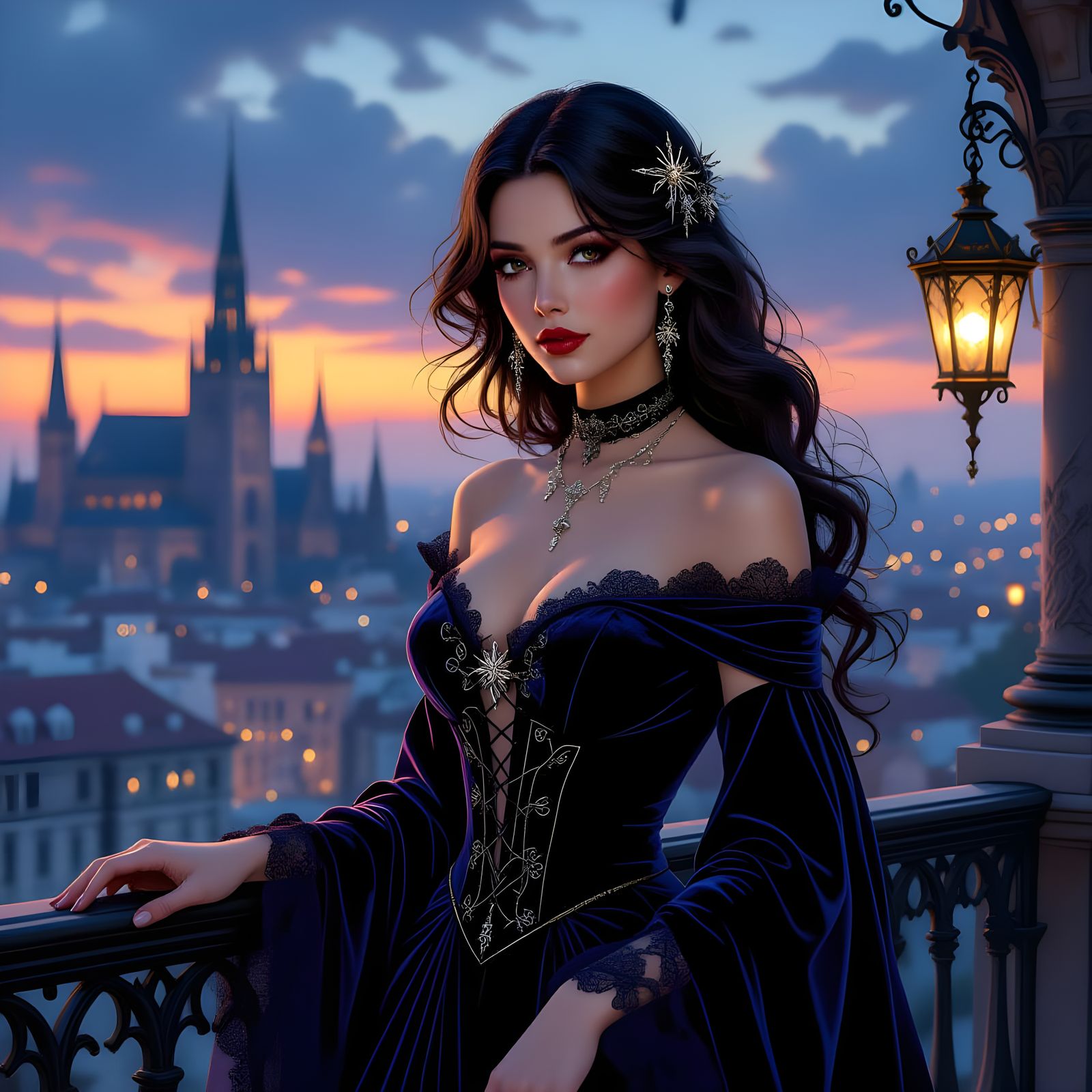 Vampire Noble Overlooking Gothic Cityscape