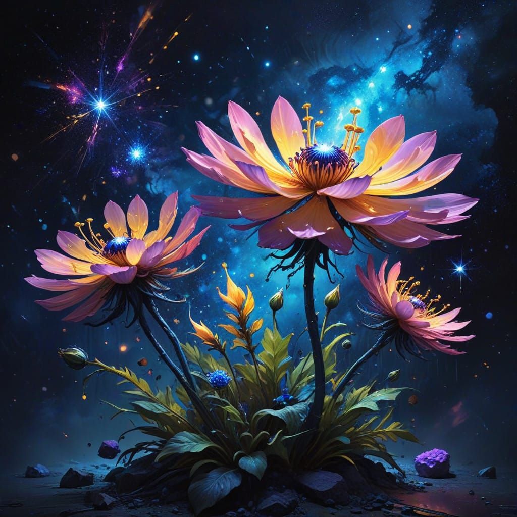 Ethereal Bioluminescent Blooms in Cosmic Splendor