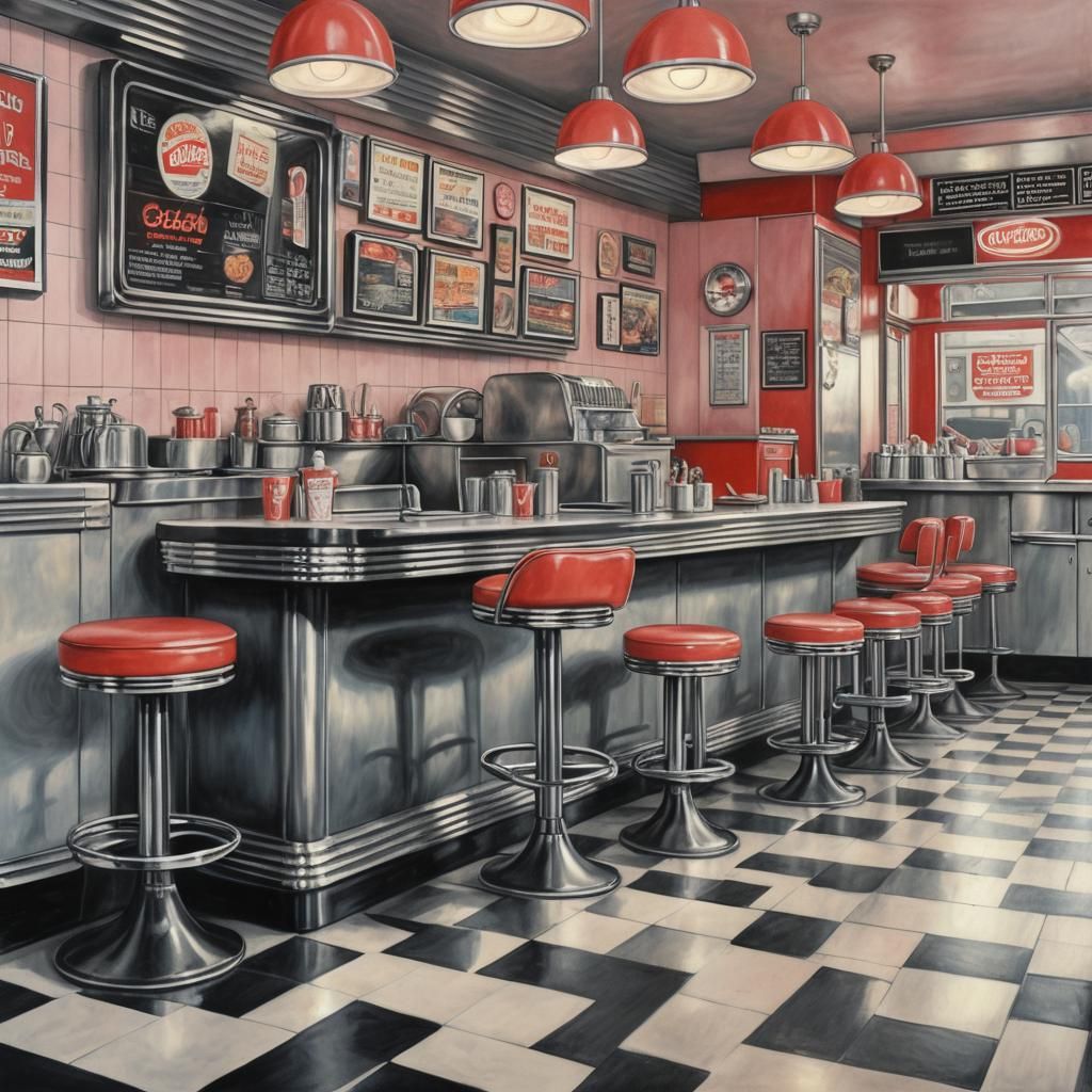 Vintage 1960s American Diner Charcoal Drawing