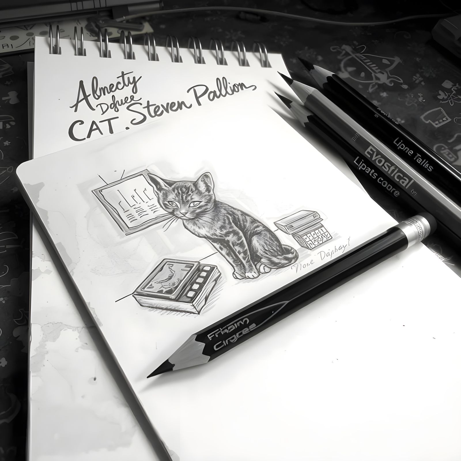 Detailed Pencil Drawing of Cat Sketch on Pad