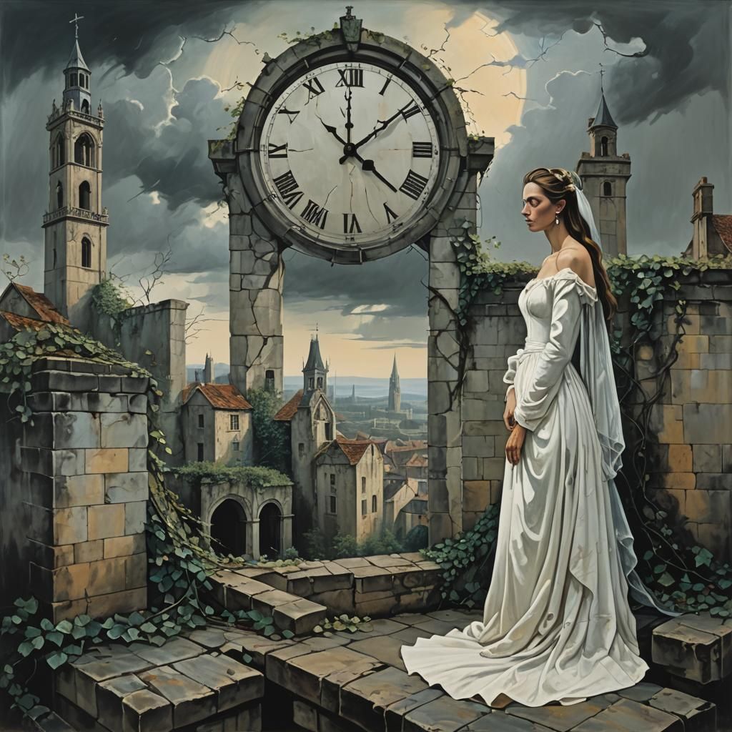 Forlorn Bride at Crumbling Clock Tower