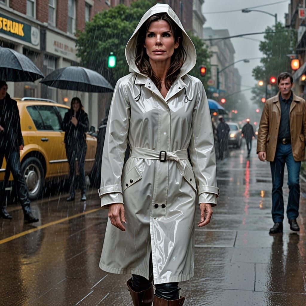 Sandra Bullock in Shiny Raincoat During New York Downpour