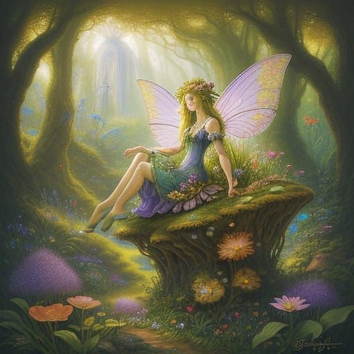 Whimsical Fairy in Enchanted Landscape