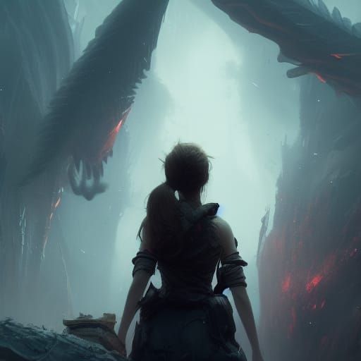 Girl Gazing at Monster in Dark Fantasy Style