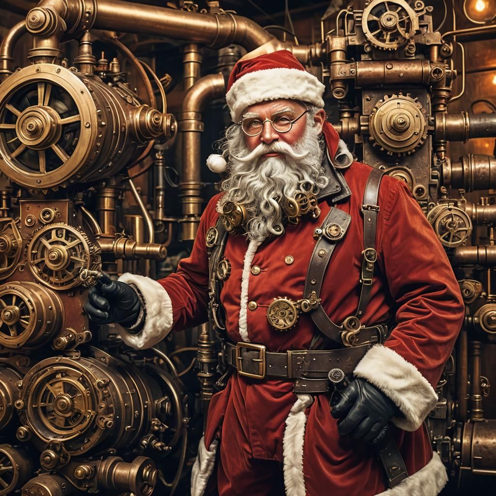 Steampunk Santa Claus Tinkering with Engine