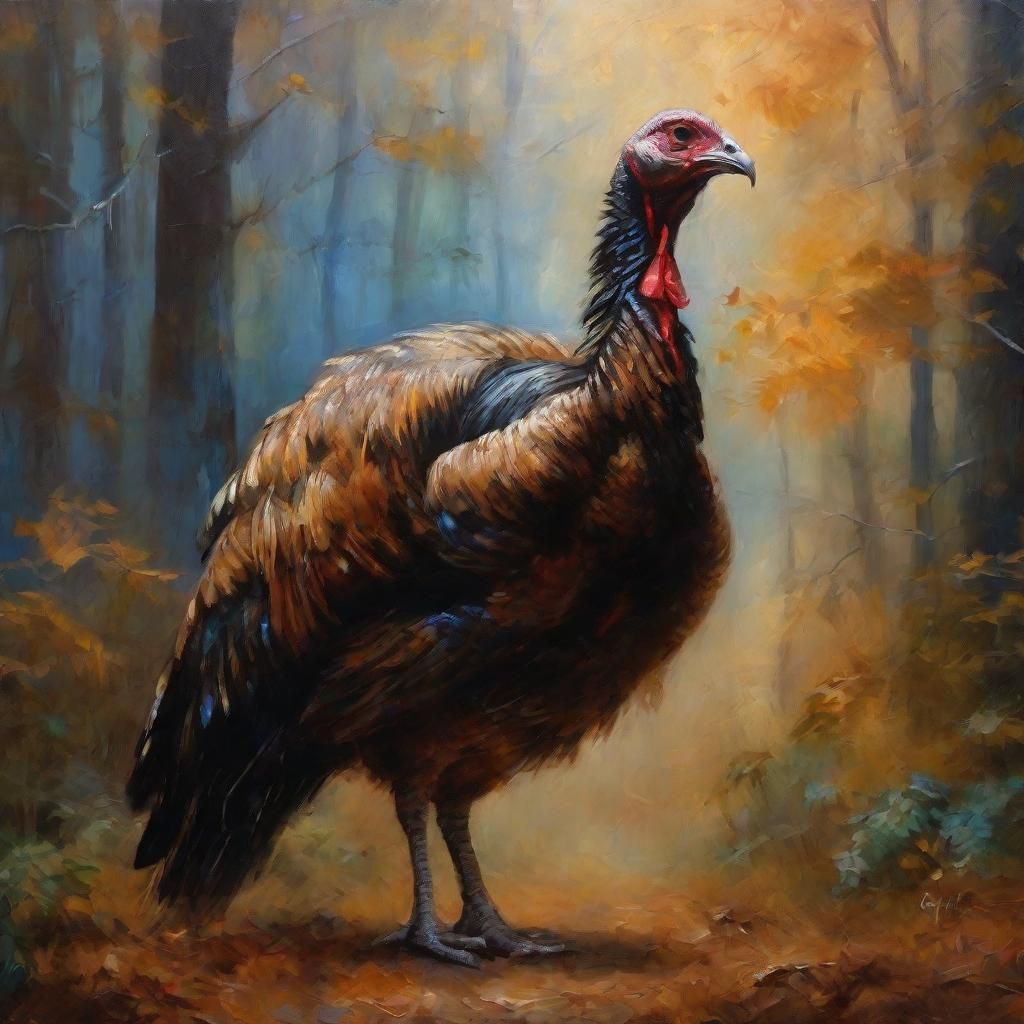 Murky Turkey in Misty Forest: Impressionist Oil Painting