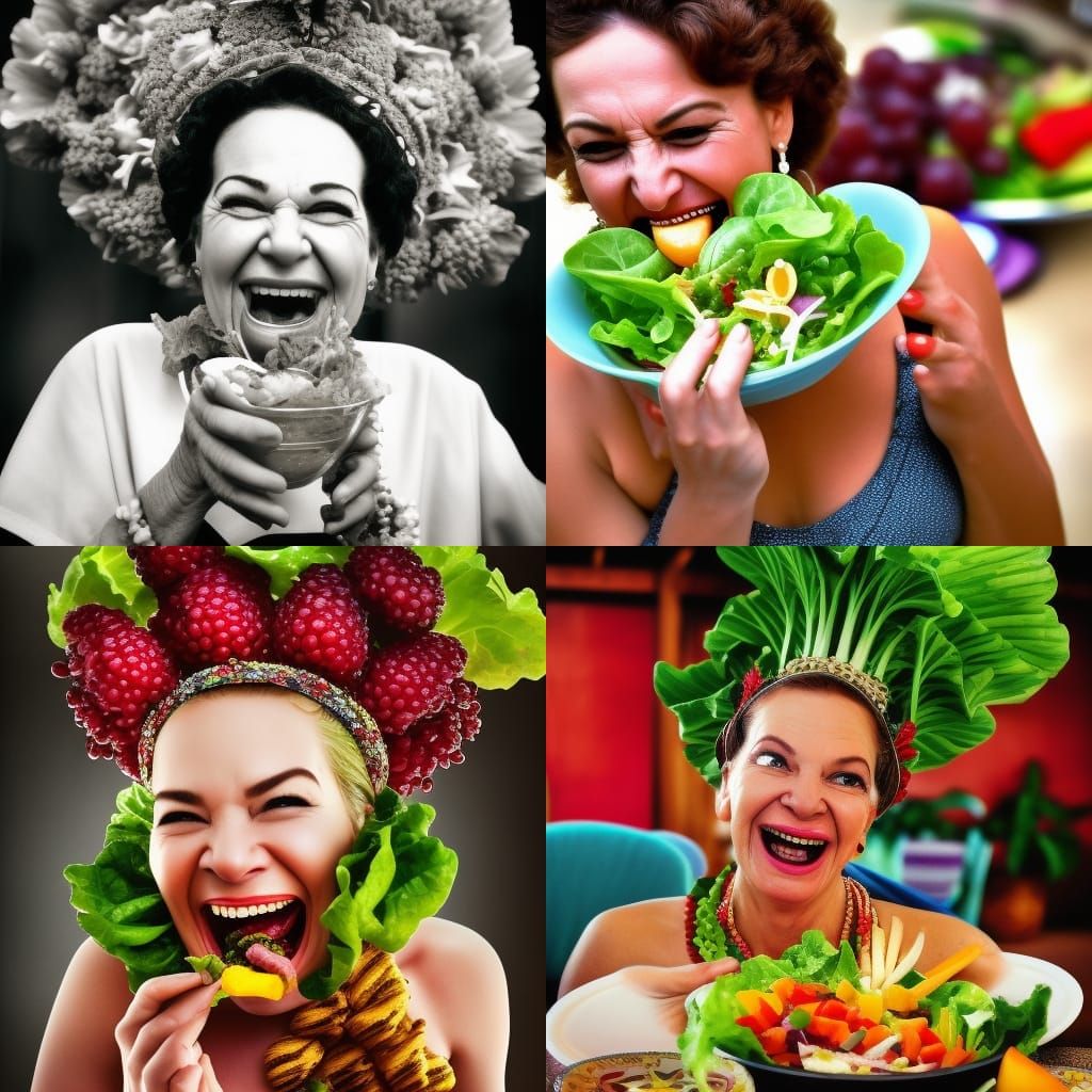 Hyperrealistic Image of Carmen Miranda Eating Salad
