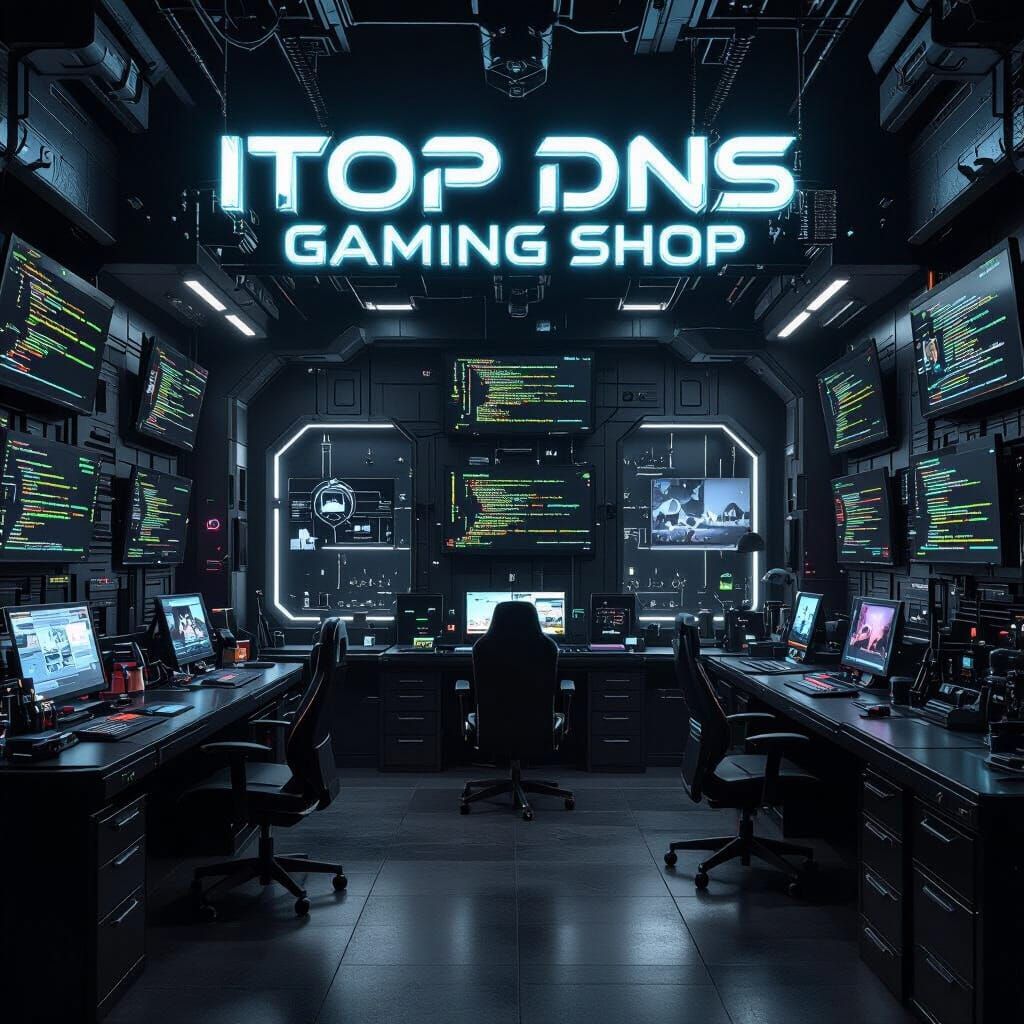 Futuristic DNS Gaming Shop in Grayscale