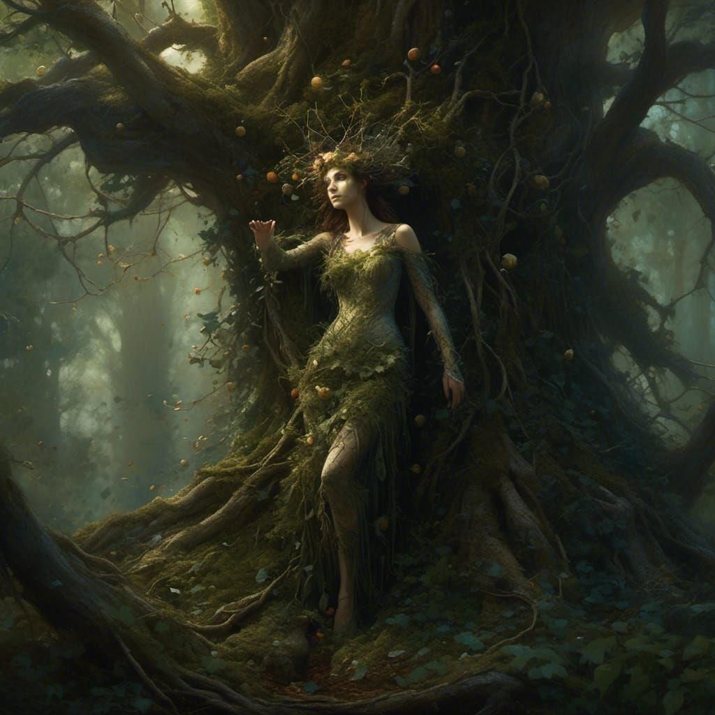 Dryad Emerges from Forest Tree