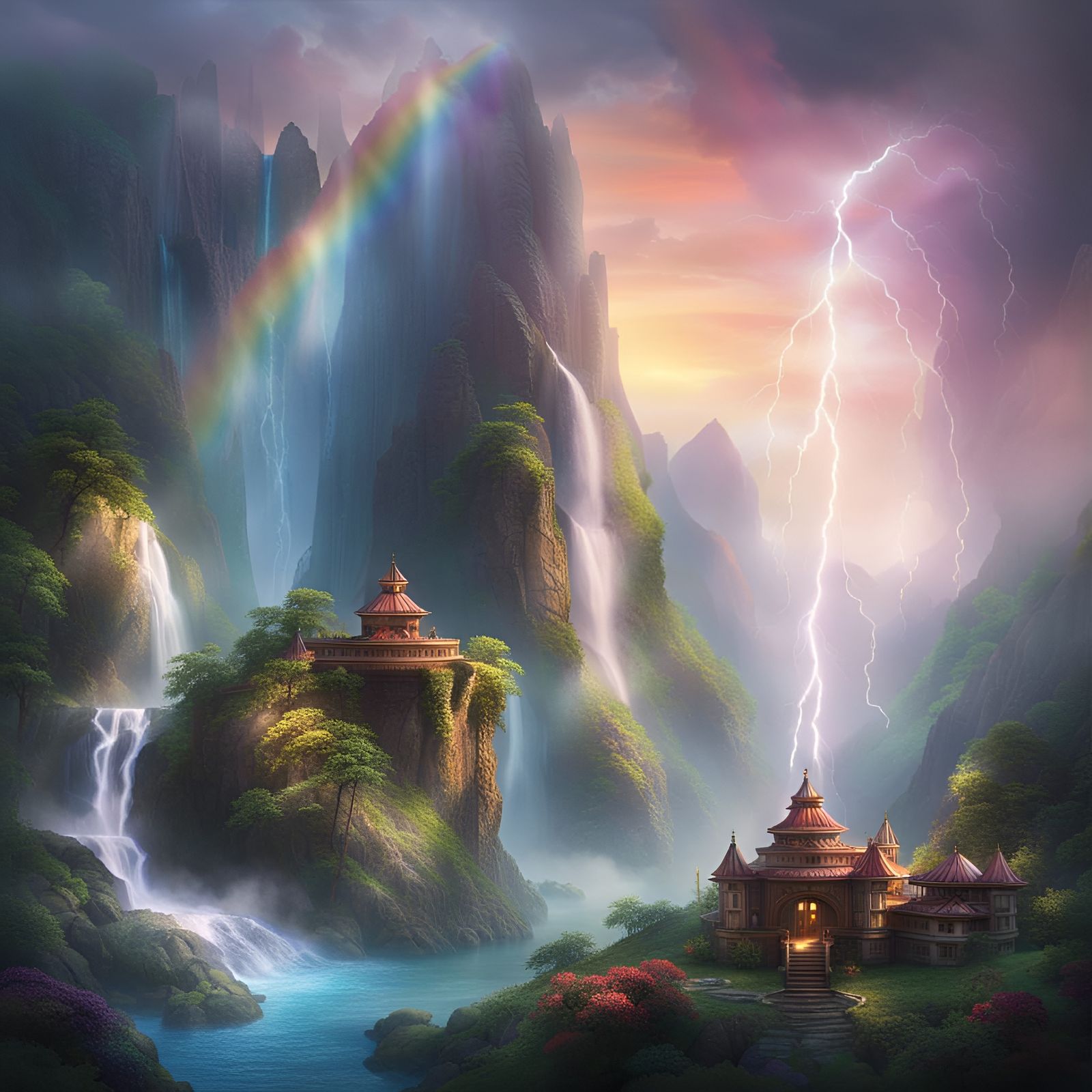 Mystical Sanctuary with Mountains and Waterfalls
